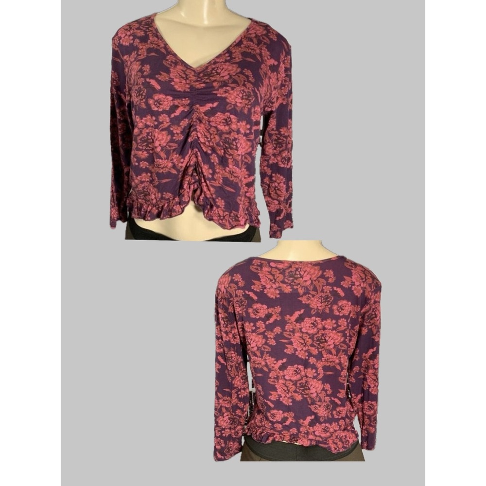 Bongo M Jrs Purple Floral Ruched Hem Ruffle Cropped Top Floral V-Neck 3/4 Sleeve